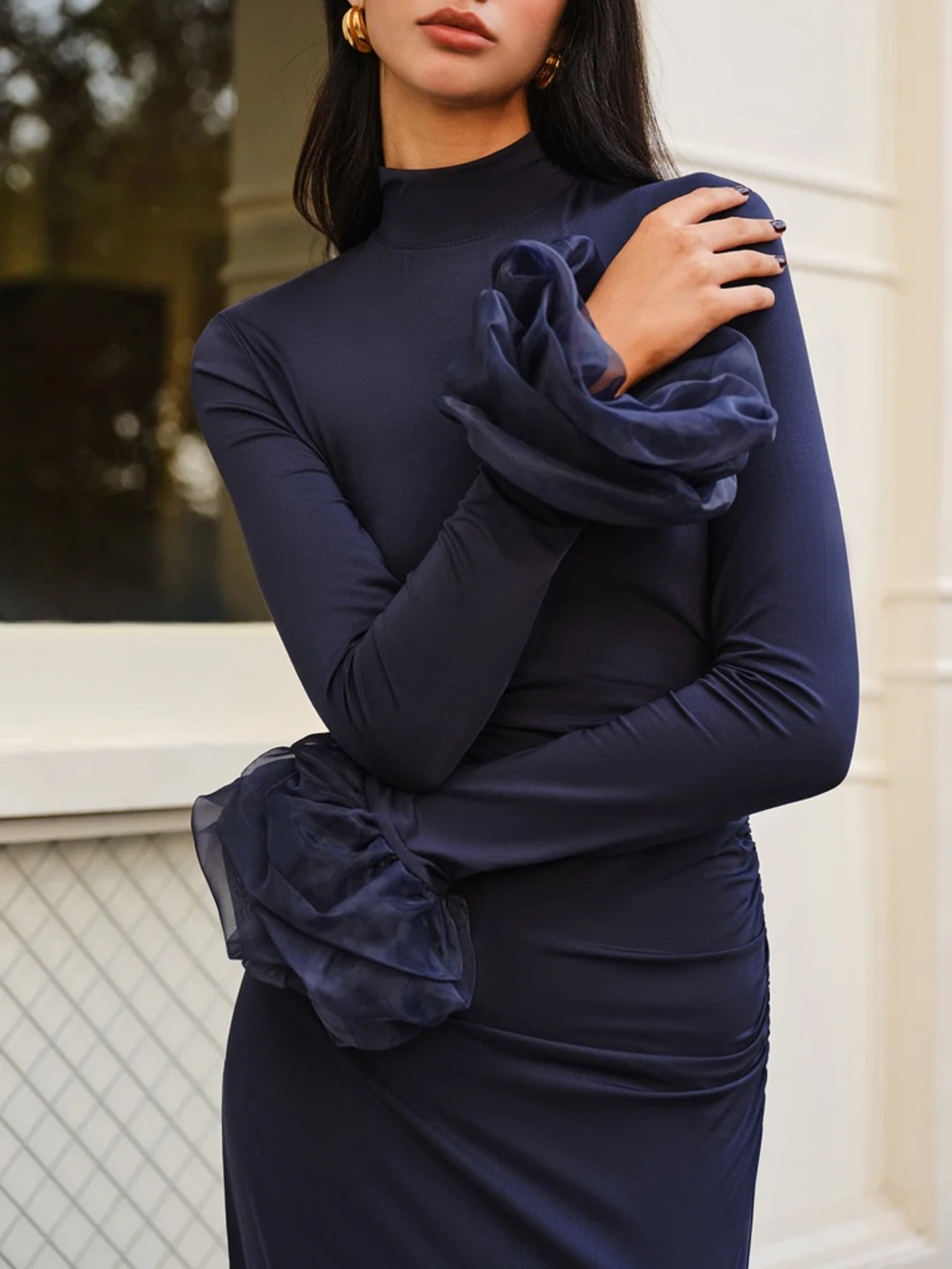 Commense Navy Blue Maxi Dress With Sheer Ruffle Cuffs